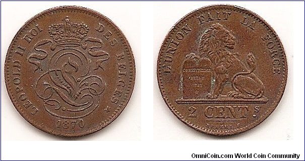 2 Centimes
KM#35.1
Copper Ruler: Leopold II Obv: Legend in French Obv. Leg.: DES BELGES