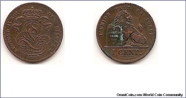 1 Centime
KM#33.1
2.0000 g., Copper, 18 mm. Ruler: Leopold II Obv: Crowned monogram, legend in French Obv. Leg.: DES BELGES Rev: Seated lion with tablet Rev. Leg.: L'UNION FAIT LA FORCE