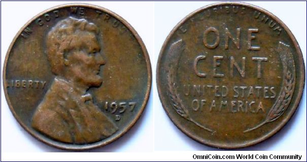 1 cent. 
Lincoln wheat. 1957,
Denver mint.