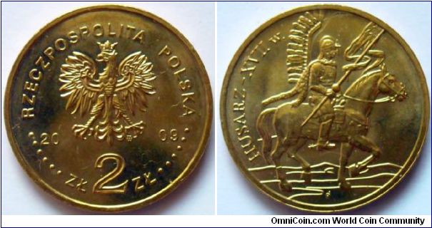 2 zlote.
2009, History of the Polish Cavalry; Hussar XVII Century.
Metal Nordic Gold.
Weight 8,15g.
Diameter 27mm.
Mintage 1.400.000 units.