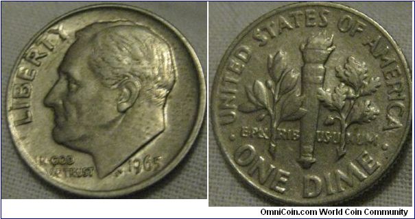 1965 dime lustrous EF grade, weak reverse