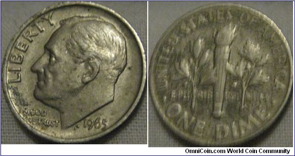 1965 dime, EF discoloured or dirty on reverse adds something