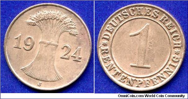 1 rentenpfennig.
Weimar Republic.
'J'- Hamburg mint.
Mintage 17,252,000 units.


Br.