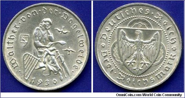 3 Reichsmark.
Weimar Republic.
7th Centennial - Death of Walter von der Dogelweide.
'D' - Munich mint.
Mintage 42,000 units.


Ag500f. 15,0gr.