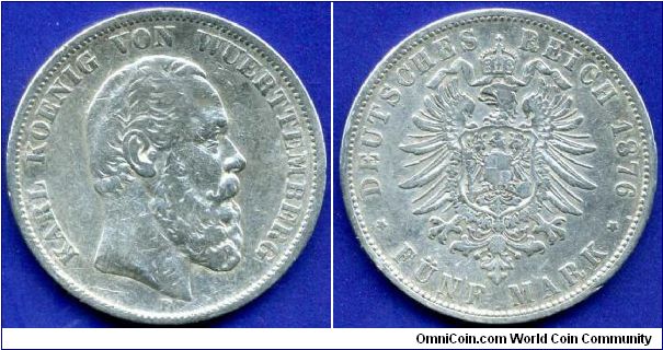 5 Mark.
German Empire.
Wuerttemberg.
King Karl I (1864-1891) von Wuerttemberg.
Mintage 897,000 units.


Ag900f. 27,77gr.