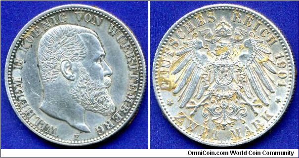 2 Mark.
German Empire.
Wuerttemberg.
King Wilhelm I (1891-1918) von Wuerttemberg.
Mintage 592,000 units.


Ag900f. 11,11gr.