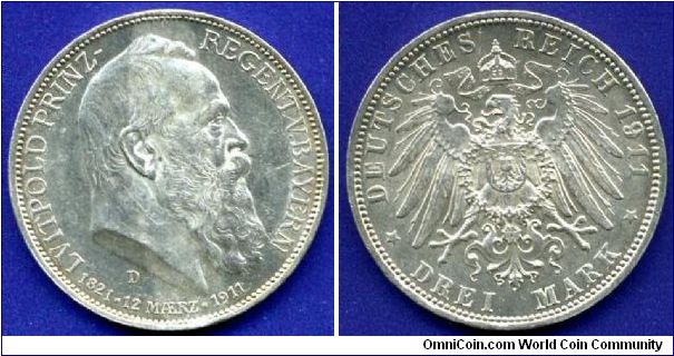 3 Mark.
German Empire.
Bavaria.
90th Birthday of Prince Regent Lutipold.
'D'- Munich mint.
Mintage 640,000 units.


Ag900f. 16,66gr.