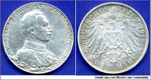 2 Mark.
German Empire.
Prussia.
25th Year of Regn Kaiser Wilhelm II (1888-1918).
'A' - Berlin mint.
Mintage 1,500,000 units.


Ag900f. 11,11gr.