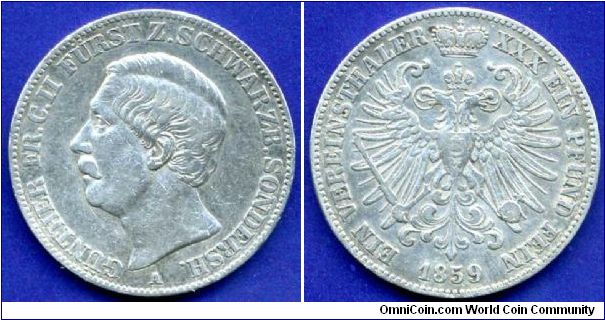 1 Vereinsthaler.
Duchy of Schwarzburg-Sonderhausen.
Ducke Gunter Friedrich Karl II (1835-1880).
'A' - Berlin mint.
Mintage 15,000 units.


Ag900f. 18,52gr.