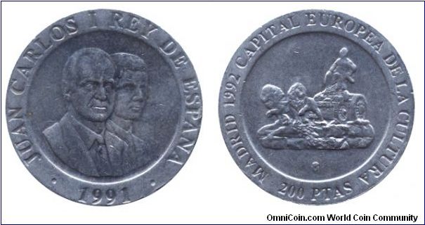 Spain, 200 pesetas, 1991, Cu-Ni, 25.5mm, 10.5g, MM: M, Madrid 1992 Capital Europea de la Cultura, Juan Carlos I Rey de Espana.                                                                                                                                                                                                                                                                                                                                                                                      