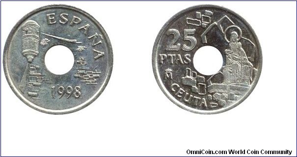Spain, 25 pesetas, 1998, Al-Bronze, 19.5mm, 4.25g, holed, Ceuta.                                                                                                                                                                                                                                                                                                                                                                                                                                                    