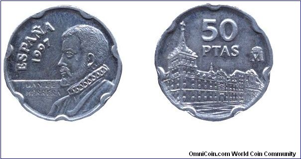 Spain, 50 pesetas, 1997, Cu-Ni, 20.5mm, 5.6g, unusual shape, MM: M, Juan de Herrera.                                                                                                                                                                                                                                                                                                                                                                                                                                
