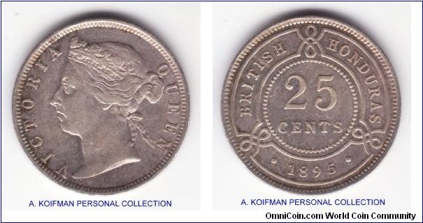 KM-9, 1895 British Honduras 25 cents; silver, reeded edge; good very fine to about extra fine, mintage 47,000.