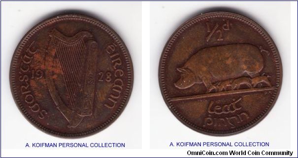 KM-2, 1928 Ireland half penny; bronze, plain edge; good extra fine reverse with almost uncirculated obverse
