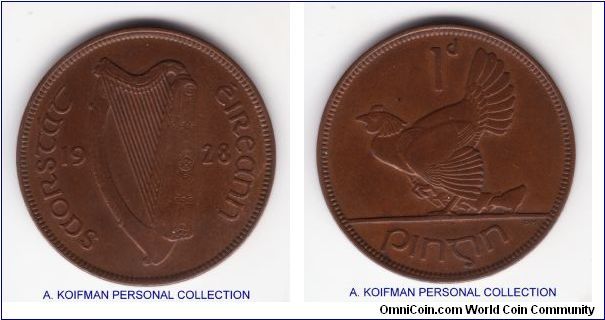 KM-3, 1928 Ireland penny; bronze, plain edge; extra fine or about