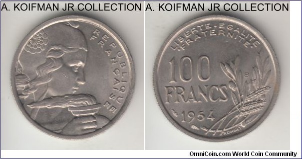 KM-919.2, 1954 France 100 francs, Beaumont-le-Roger mint (B mint mark); copper-nickel, reeded edge; average uncirculated.