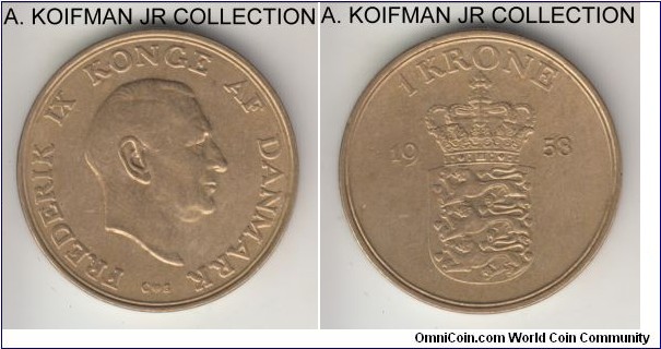 KM-837.2, 1958 Denmark krone; aluminum-bronze, plain edge; Frederik IX, extra fine, several obverse letters had been re-cut.