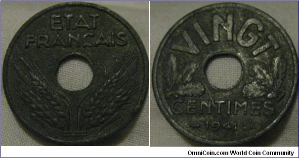 scarcer 1941 VINGT type 20 centimes