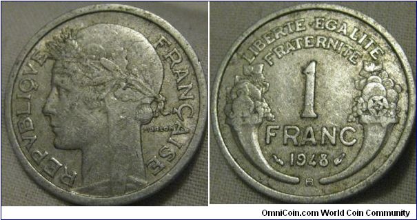 1948 B 1 franc, faint lustre EF