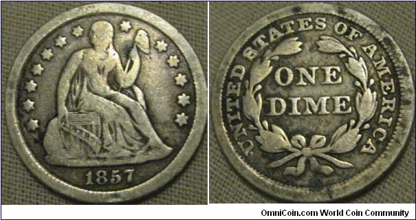 1857 dime, fine grade good looking piece
