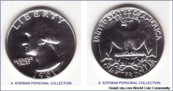 KM-164, 1961 United States of America 25 cents in proof; silver, reeded edge; excellent coin, I could not find any flaw or imperfection in my loupe