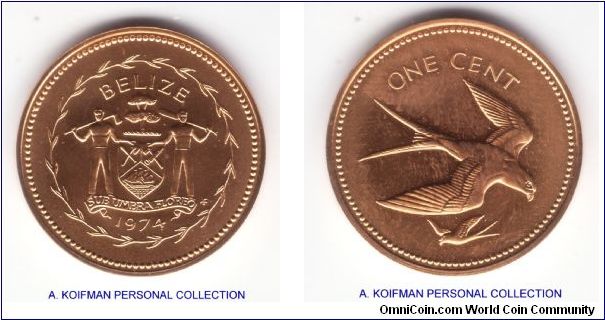 KM-38, 1974 Belize cent, Franklin mint; bronze, plain edge, matte finish; uncirculated with a hint of toning starting on reverse.