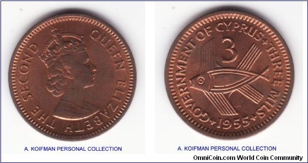 KM-33, 1955 Cyprus (British colony) 3 mils; bronze, plain edge; uncirculated, 90% red with just a touch of brown starting mostly on obverse