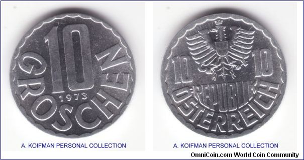 KM-2878, 1973 Austria 10 groschen; aluminum, plain edge; uncirculated