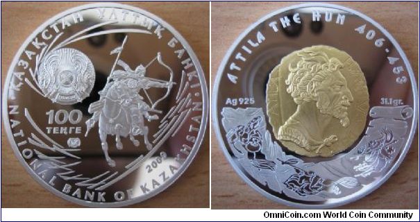 100 Tenge - Attila The Hun - 31.1 g Ag .925 Proof (partially gold plated) - mintage 13,000