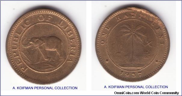 KM-10, 1937 Liberia half cent; brass, plain edge; uncirculated or about with the flan defect and slightly rotated dies.