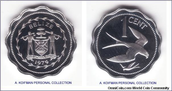 KM-46b, 1979 Belize cent, Franklin mint; aluminum, scalloped edge, proof finish; bright very nice condition with frosted raised details, mintage 1,287 pieces