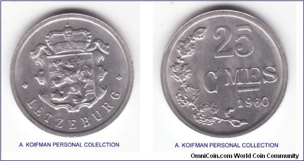 KM-45a.1, 1960 Luxembourg 25 centimes; aluminum, plain edge; nice well preserved uncirculated