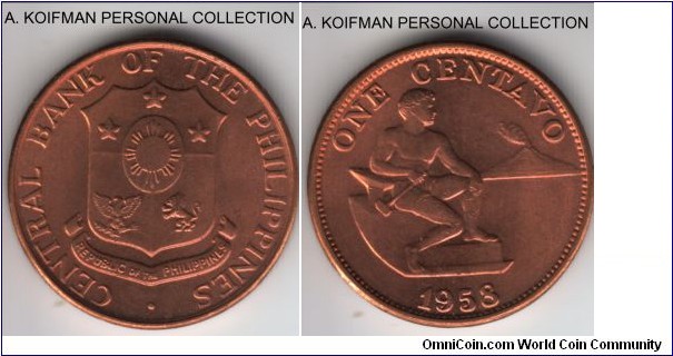 KM-186, 1958 Philippines centavo; bronze, plain edge; red uncirculated.