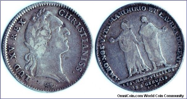 silver jeton issued for the Churchwardens of St Gervais Paris in recompense for their services. Although dated 1715, this jeton was struck circa 1740 judging by the bust used.