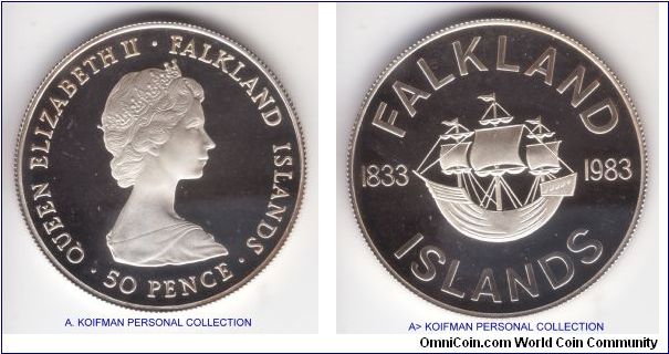 KM-19a, 1983 Falkland Israels 50 pence; silver, reeded edge; nice proof crown size coin, est. mintage 10,000
