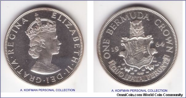 KM-14, 1964 Bermuda proof crown; silver, reeded edge; nice cameo like proof, mintage 30,000