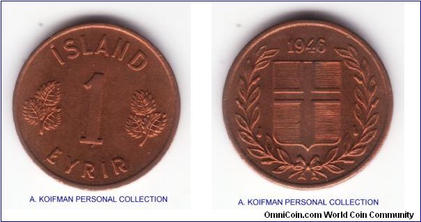 KM-8, 1946 Iceland eyrir; bronze, plain edge; small dark red coin, uncirculated