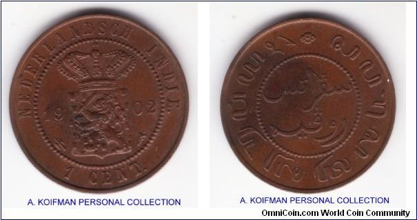 KM-307.2, 1902 Netherlands East Indies cent, Utrecht mint; copper, plain edge; nice brown good extra fine to about uncirculated