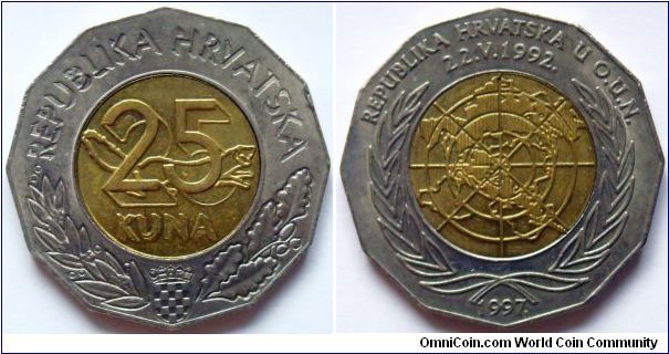 25 kuna.
1997, 5 years of the Crotian Membership in U.N.