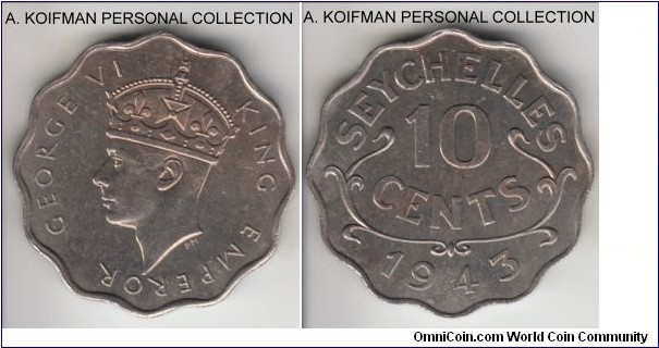 KM-1, 1943 Seychelles 10 cents; copper-nickel, scalloped edge; scarce early George VI issue, mintage 36,000, average uncirculated or almost.
