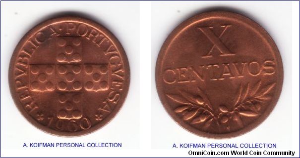 KM-583, 1960 Portugal 10 centavos; bronze, plain edge; fiery red but with a carbon spot on obverse