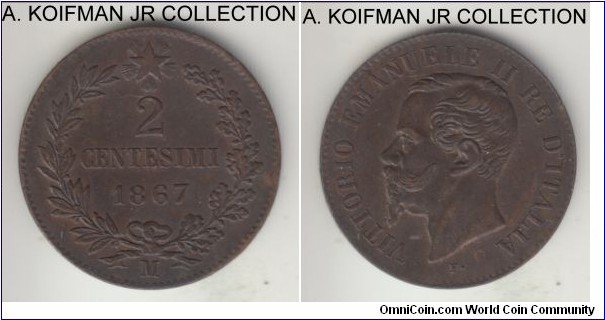 KM-2.1, 1867 Italy (Kingdom) 2 centesimi, Milan mint (M mintmark); copper, plain edge; Vittorio Emanuele II, 2-year type, brown borderline uncirculated.