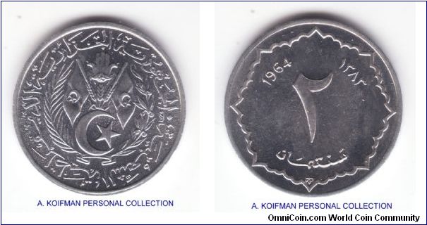 KM-95, 1964 Algeria (Republic) 2 centimes; aluminum, plain edge; brilliant uncirculated