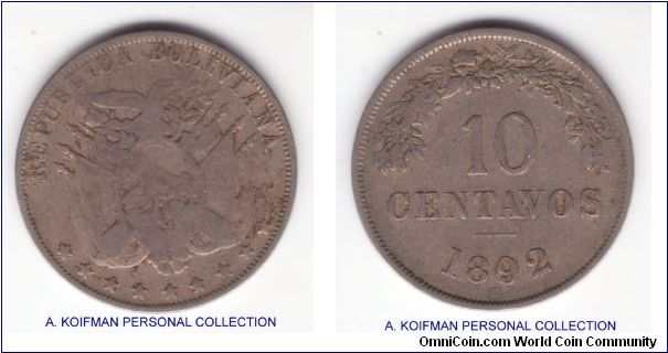 KM-172, 1892 Bolivia 10 centavos, Heaton mint (H mintmark on reverse under the date); copper nickel, plain edge; good fine condition, infrequent