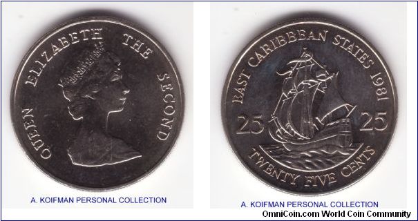 KM-14, 1981 East Caribbean States 25 cents; copper nickel, reeded edge; uncirculated