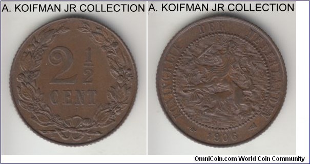KM-134, 1906 Netherlands 2 1/2 cents; bronze, reeded edge; Wilhelmina, nice deep dark brown almost uncirculated.