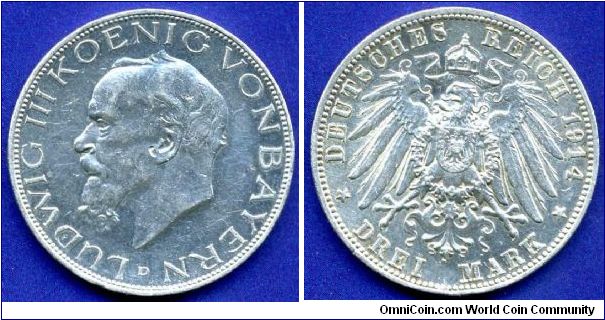 3 Mark.
German Empire.
Bavaria.
King Ludwig III (1912-1918) von Bayern.
'D' - Munich mint.
Mintage 717,000 units.


Ag900f. 16,66gr.