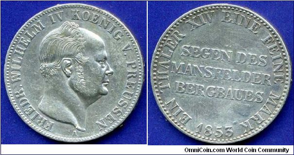 Ausbeutethaler (1 Thaler).
Kingdom of Prussia.
King Friedrich Wilhelm IV (1840-1861).
'A'- Berlin mint.
Mintage 50,000 units.


Ag750f. 22,27gr.