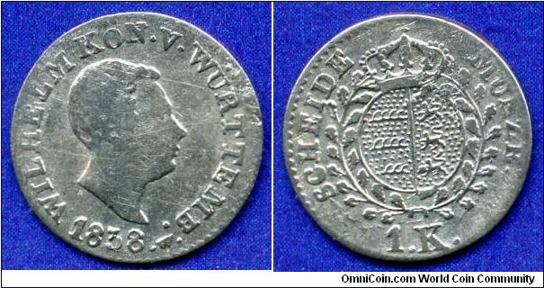 1 kreuzer.
Kingdom of Wuerttemberg.
King Wilhelm I (1816-1864) von Wuerttemberg.
'W'- Johann Ludwig Wagner, die-cutter 1798-1838.


Ag250f. 0,62gr.