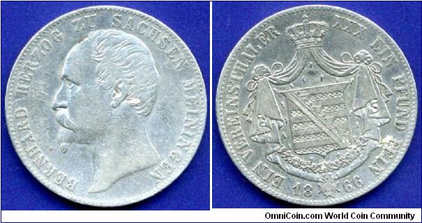 1 Vereinsthaler.
Duchy of Sachsen-Meiningen.
Ducke Bernhard II (1821-1866).
Mintage 40,000 units.


Ag900f. 18,52gr.